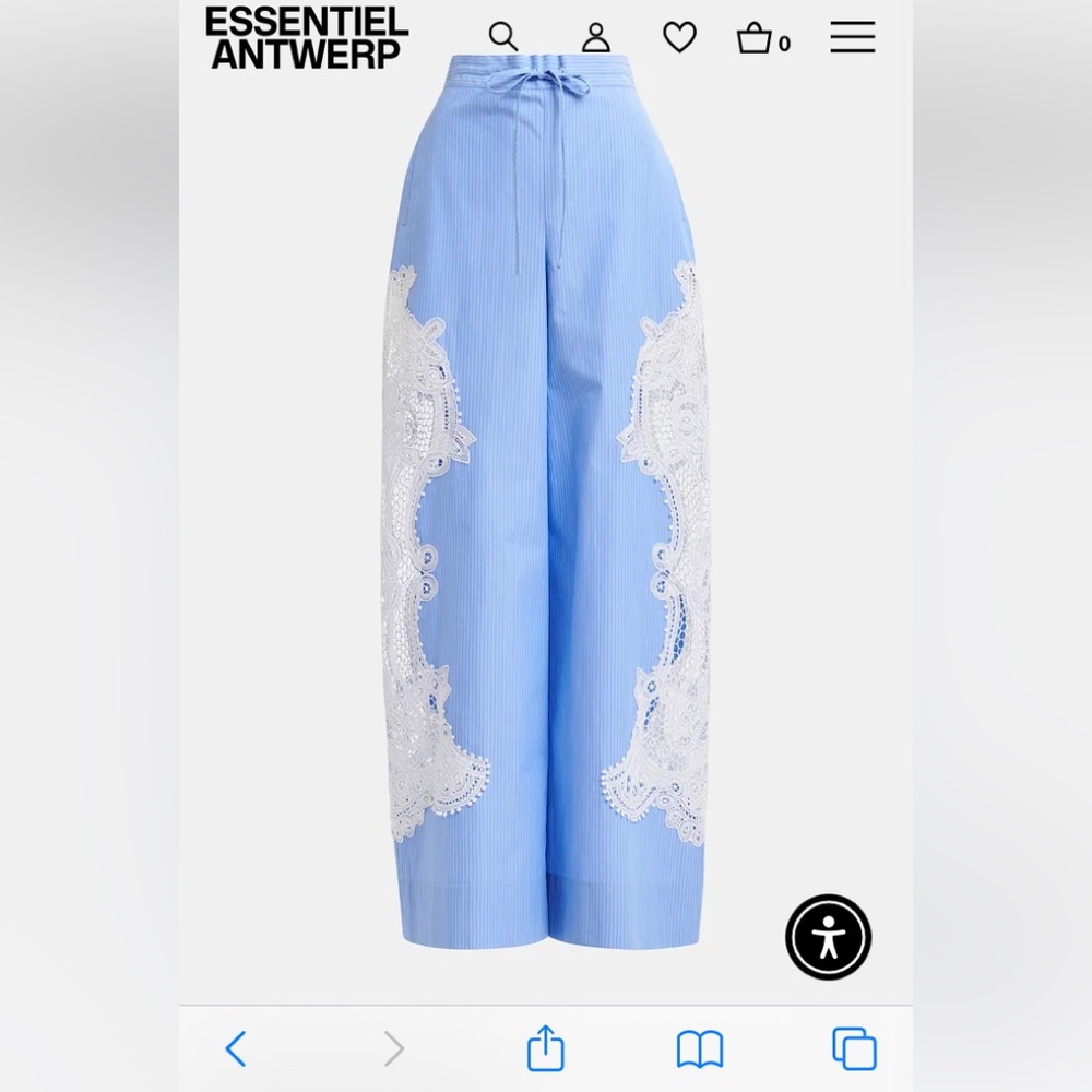 Essentiel Antwerp Blue wide-leg cotton pants with lace embroidery 36